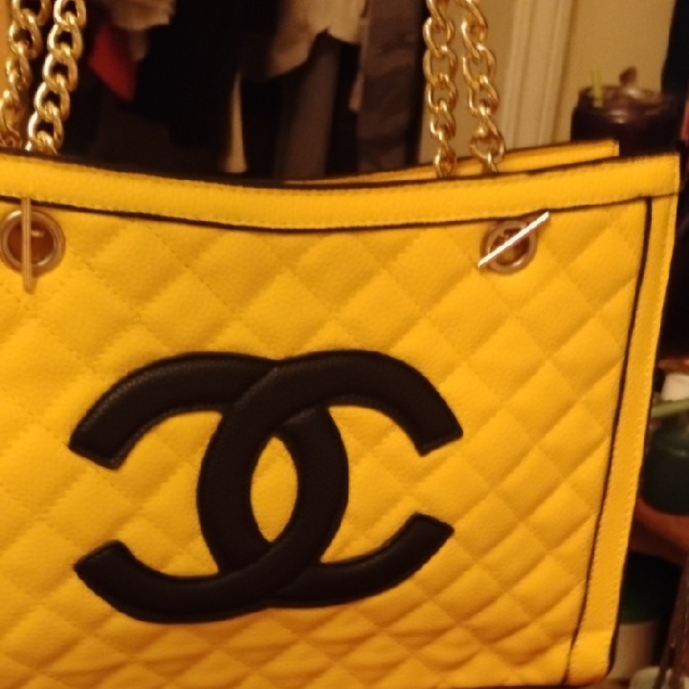 Yellow Quilted Tote Bag with Black Logo Accent Chanel